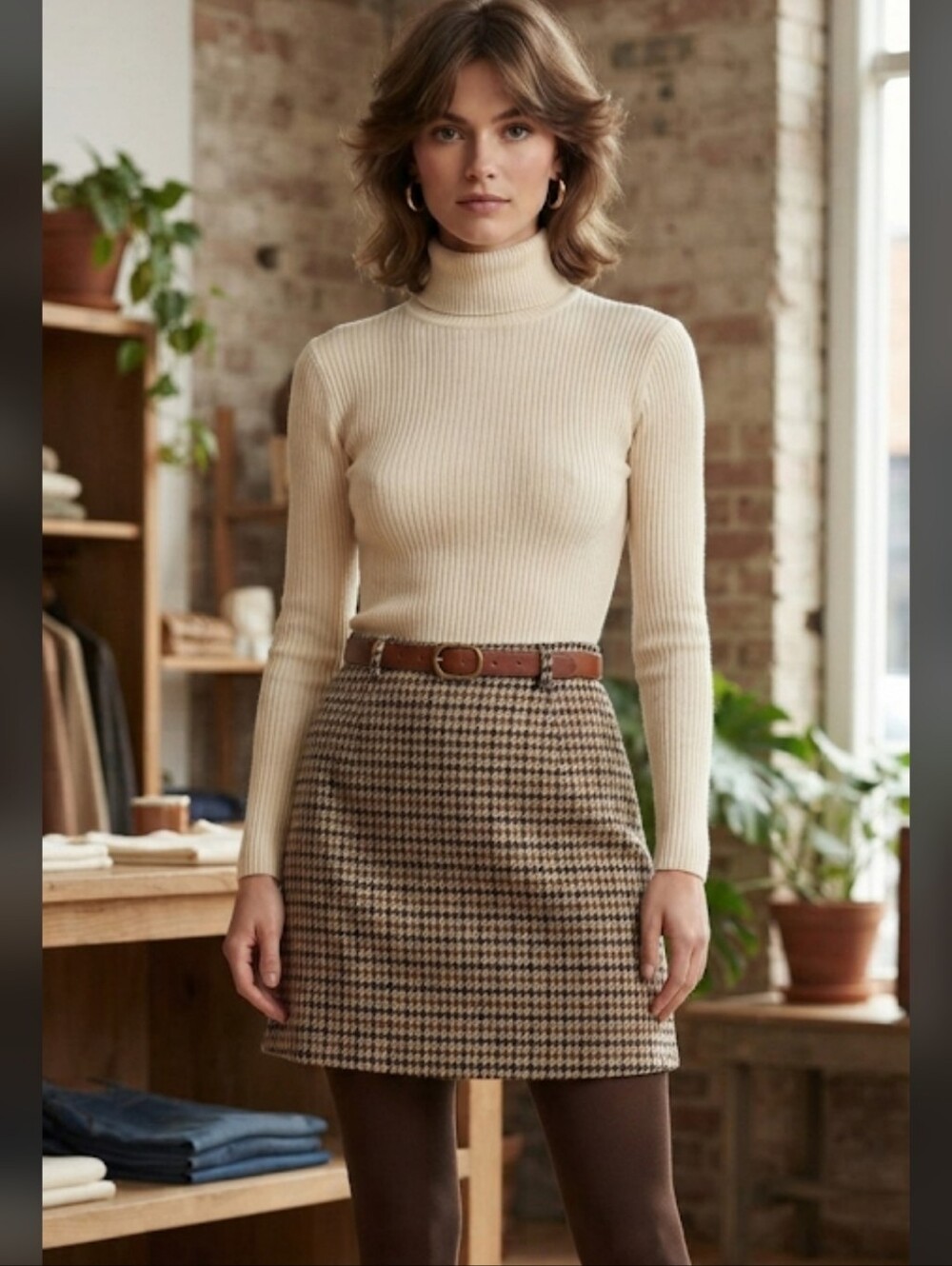 Incognito Vitg 70s Tan Multi Houndstooth Wool Blend Lined Mini Skirt  Size 8